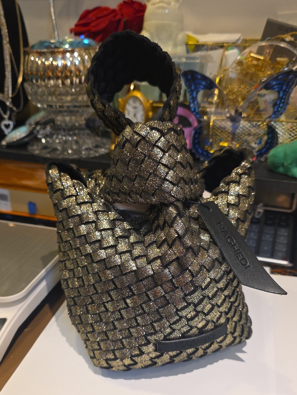 Naghedi Metallic Woven Mini Bucket Bag - Gold and Black